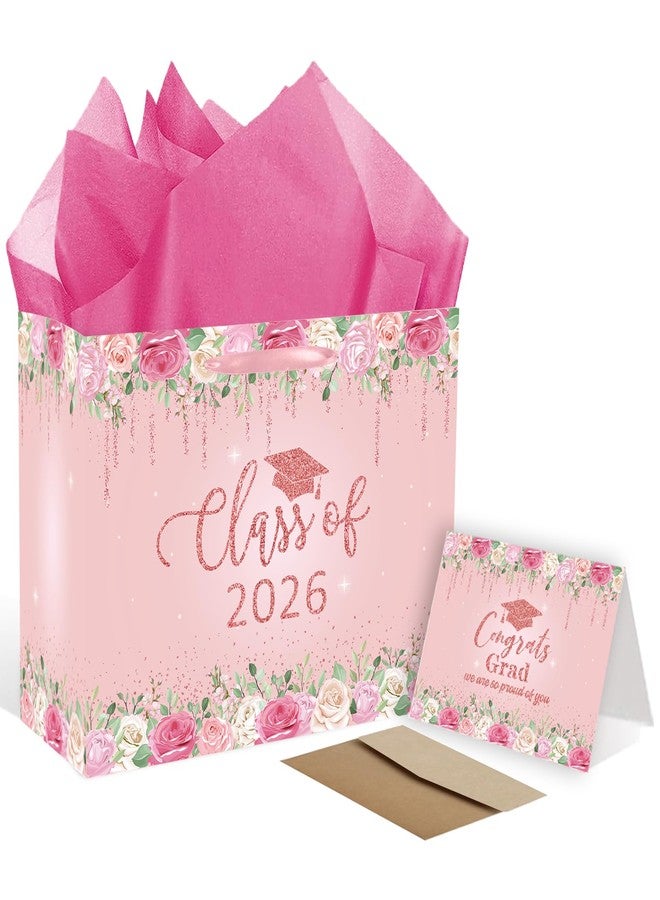 RTMISA 2026 Graduation Gift Bag with Tissue Paper and Card with Envolope Pink Grad Gift Wrapping Bag for Her, Women, Class of 2026 Graduation Party Decorations Supplies - Image 1